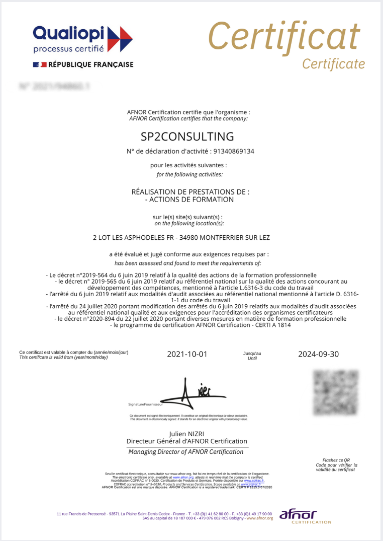 Certificat Qualiopi SP2 consulting
